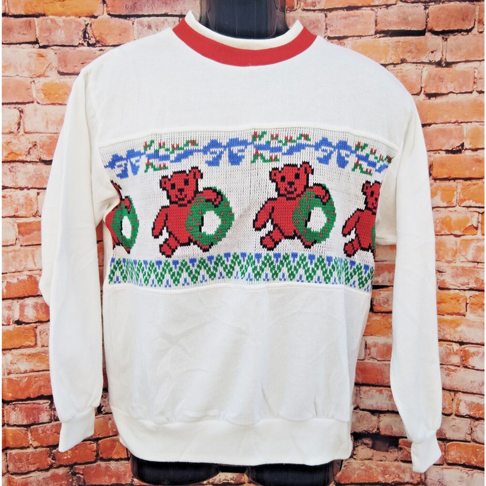 Christmas Sweater Size Small Merry Christmas Bears W/Wreath White Vintage